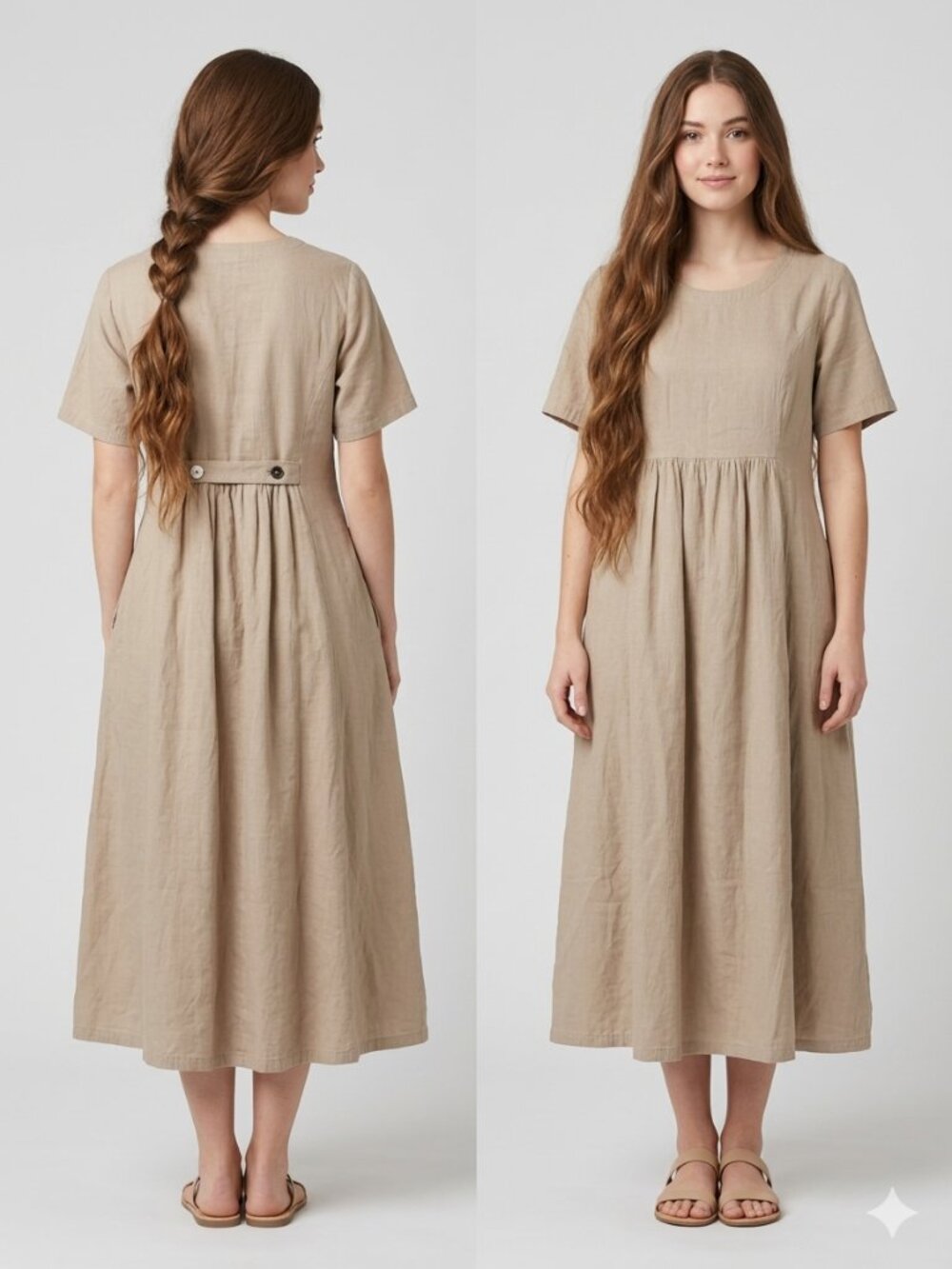CMC Color Me Cotton Linen-Look Dress Small S Beige Tan Midi Pocket Made In USA - Picture 12 of 12